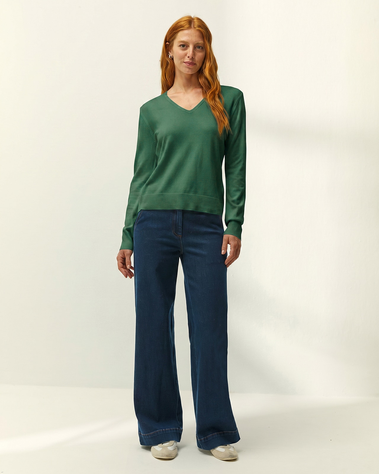 Jersey de mujer punto fino cuello pico - Paz Torras - Verde Verde-1