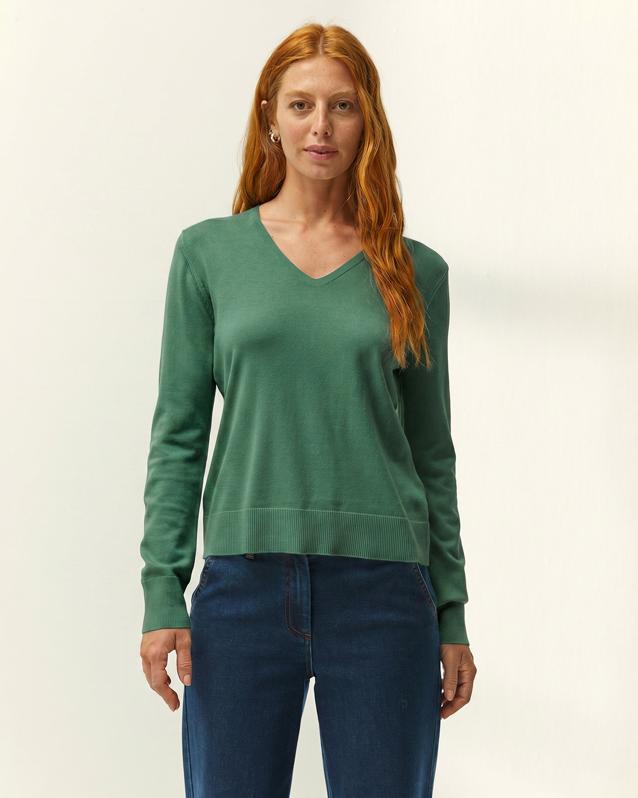 Jersey de mujer punto fino cuello pico - Paz Torras - Verde Verde-2