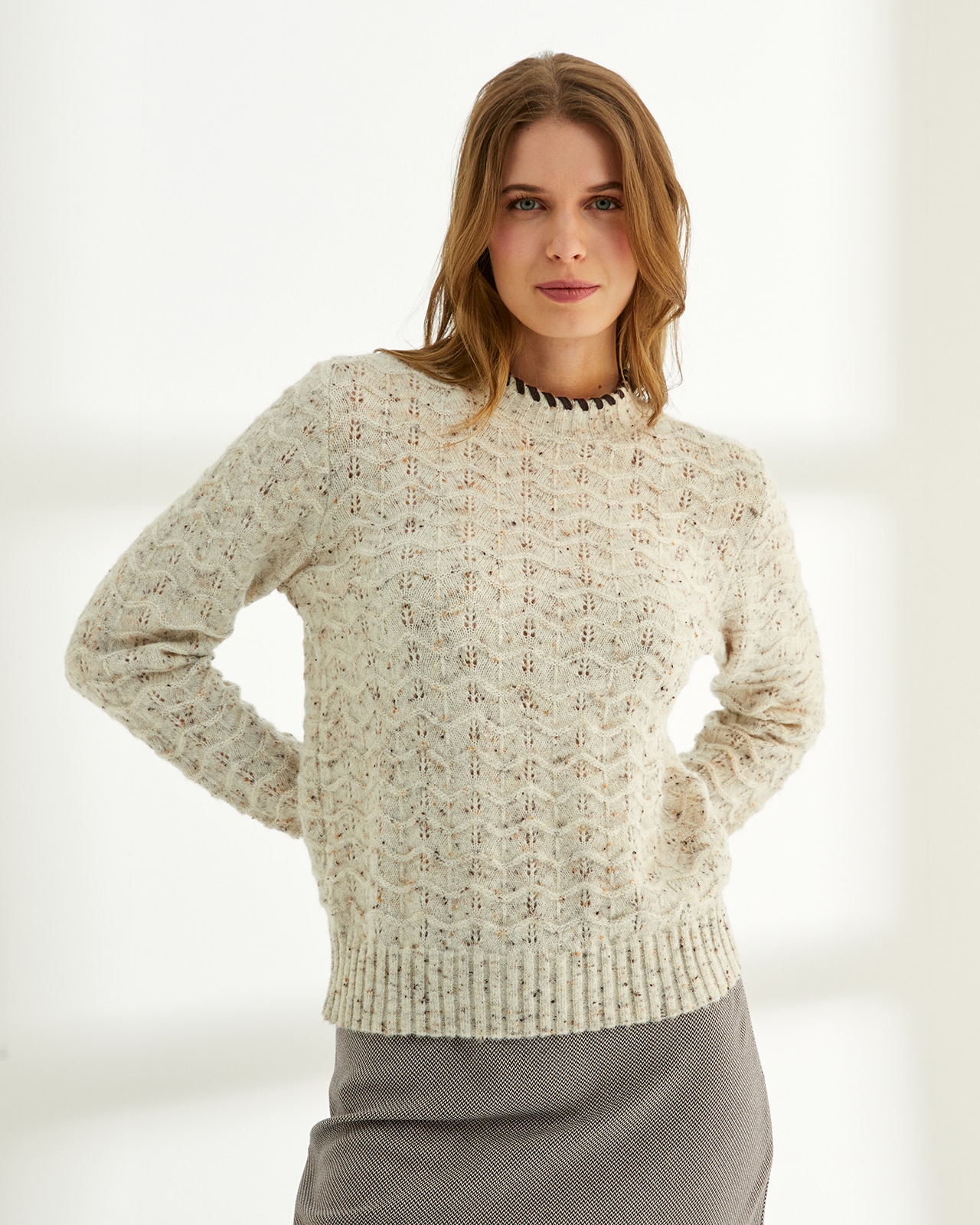 Jersey de mujer cuello rendodo manga larga - Paz Torras - Beige Beige-2
