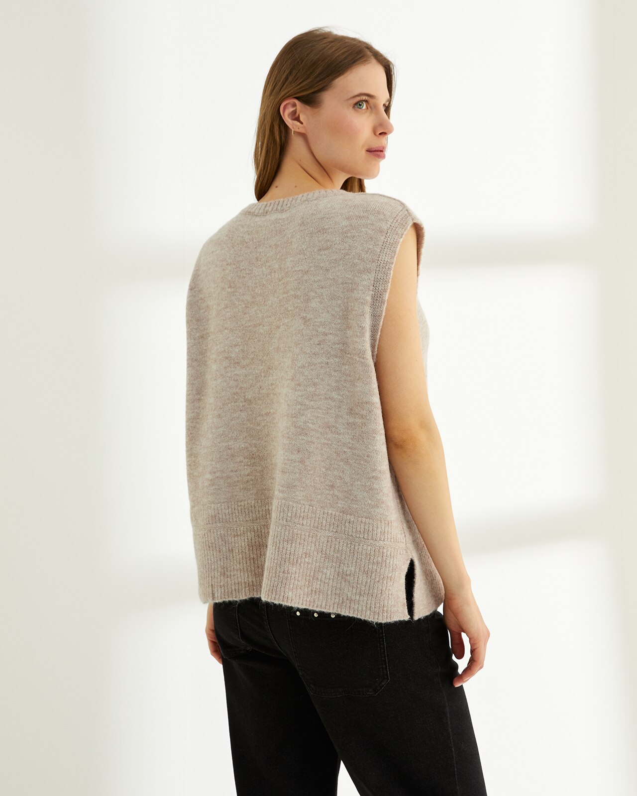Chaleco de mujer punto liso cuello redondo - Paz Torras - Beige Beige-3