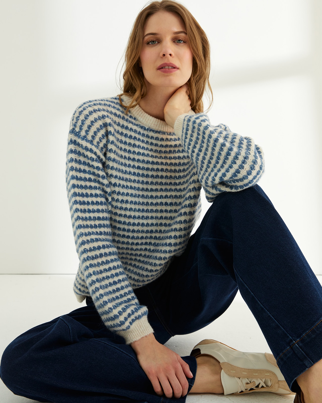 Jersey de mujer rayas cuello redondo manga abullonada - Paz Torras - Azul Azul-1