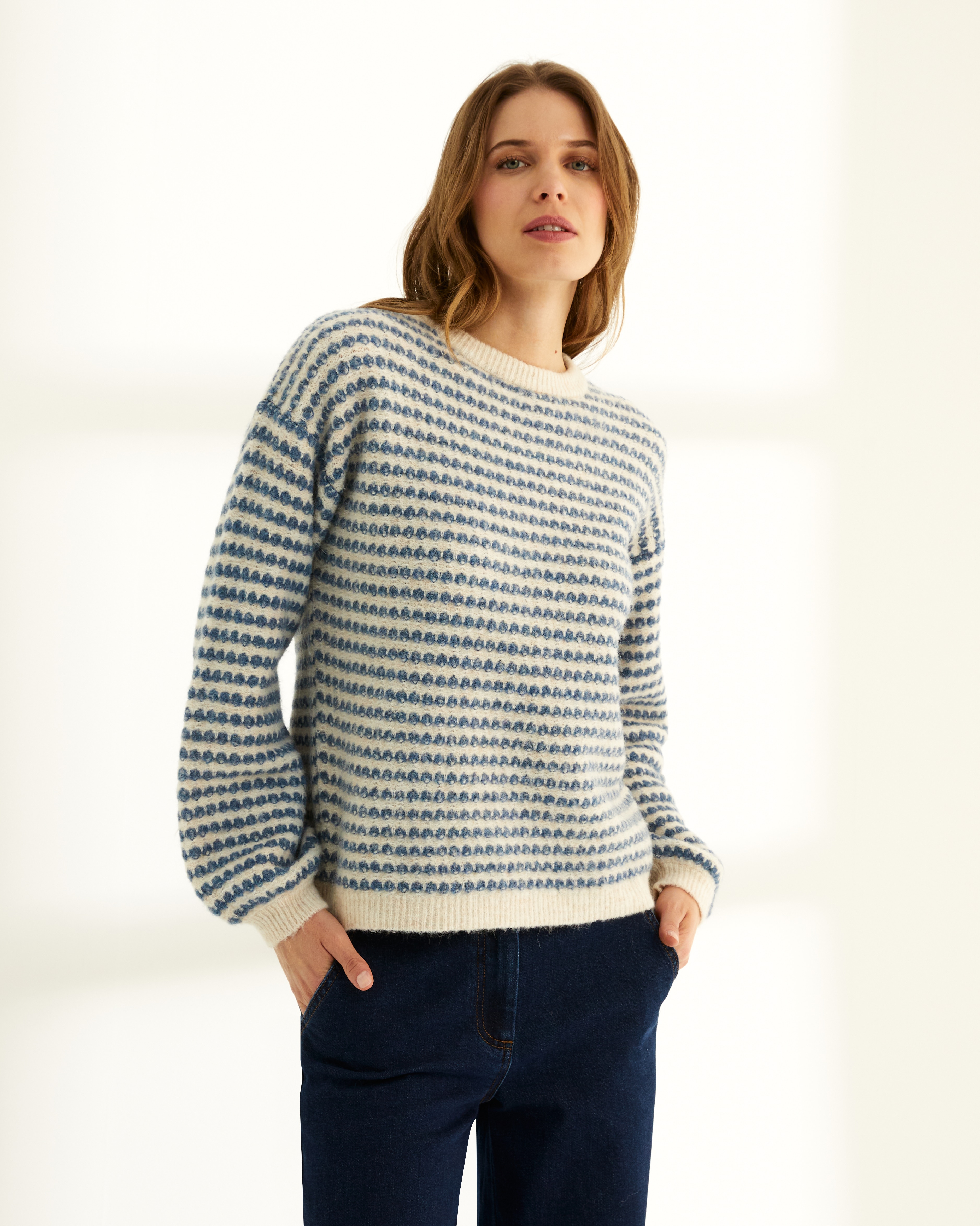 Jersey de mujer rayas cuello redondo manga abullonada - Paz Torras - Azul Azul-2