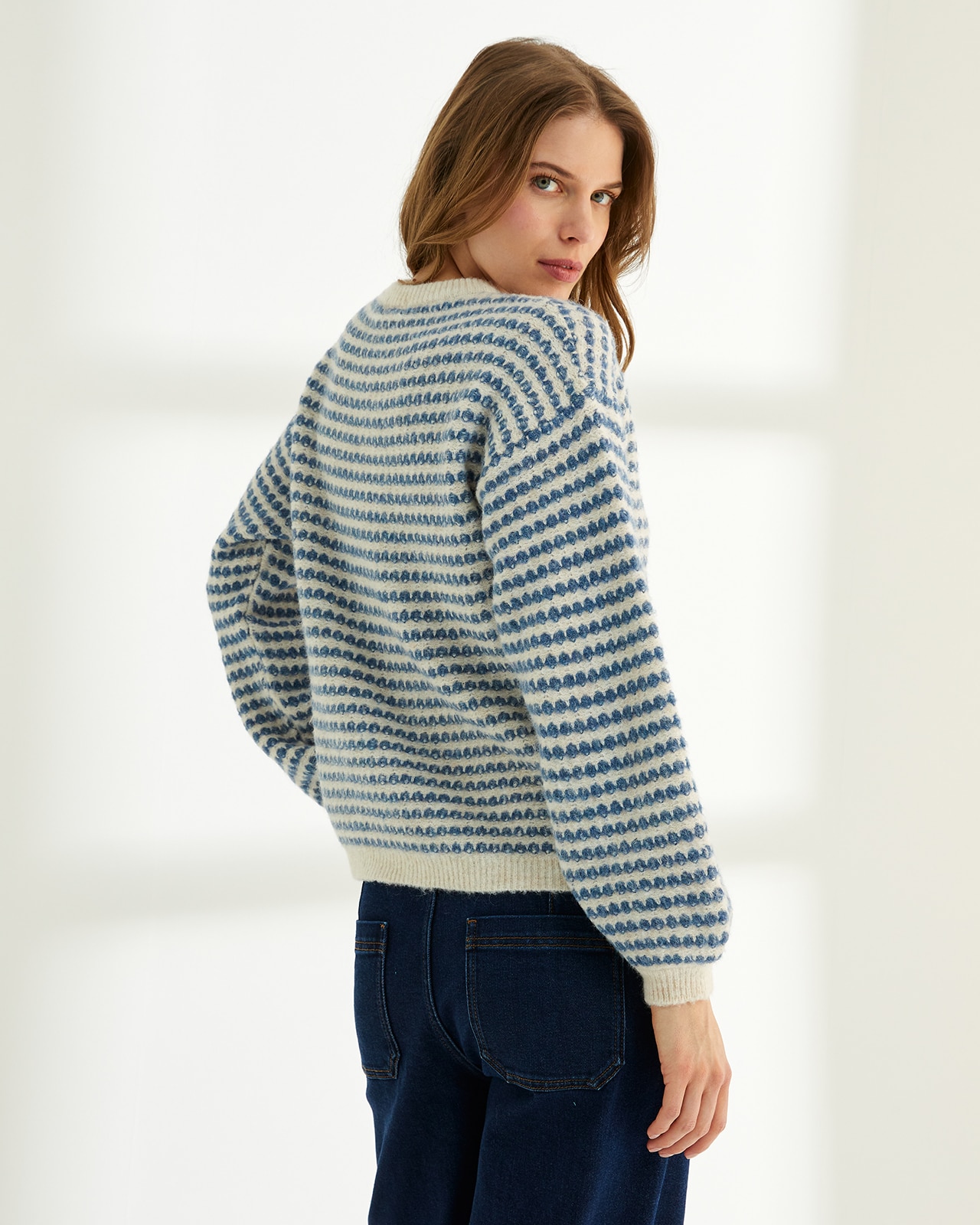 Jersey de mujer rayas cuello redondo manga abullonada - Paz Torras - Azul Azul-3