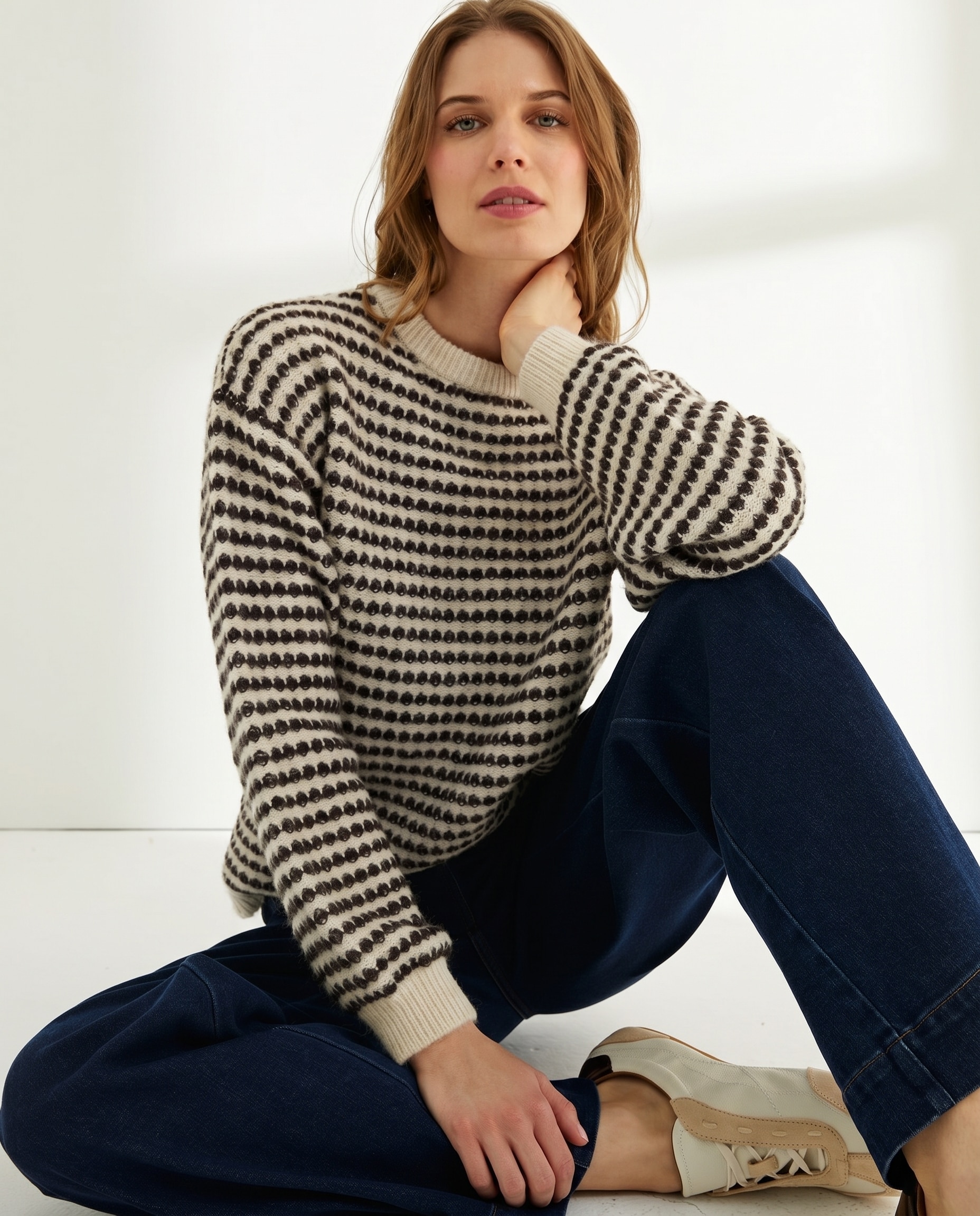 Jersey de mujer rayas cuello redondo manga abullonada - Paz Torras - Marrón Marrón-1