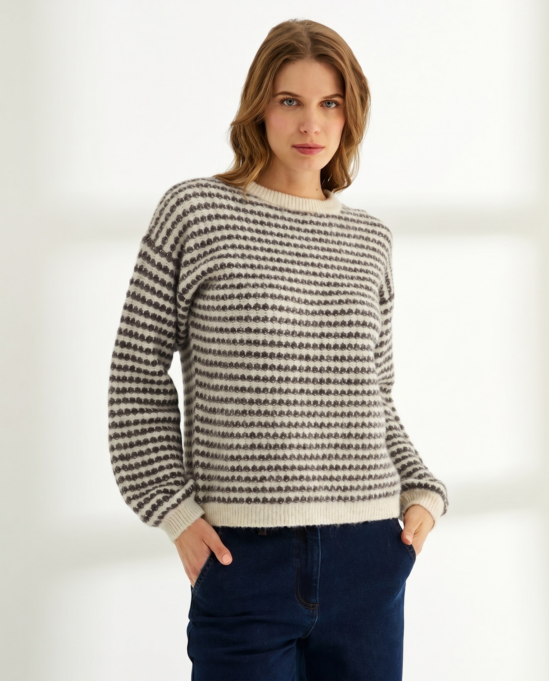 Jersey de mujer rayas cuello redondo manga abullonada - Paz Torras - Marrón Marrón-2