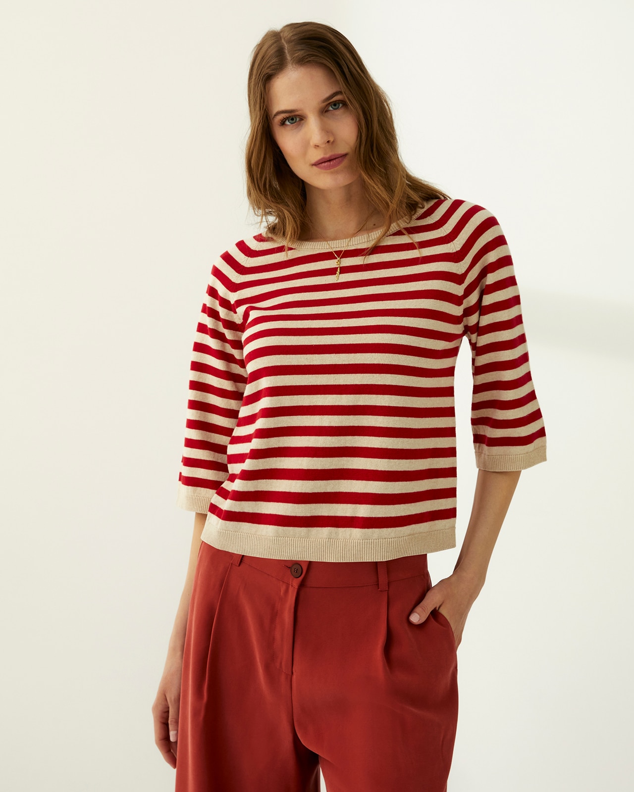 Jersey de mujer rayas cuello redondo manga corta - Paz Torras - Rojo Rojo-2