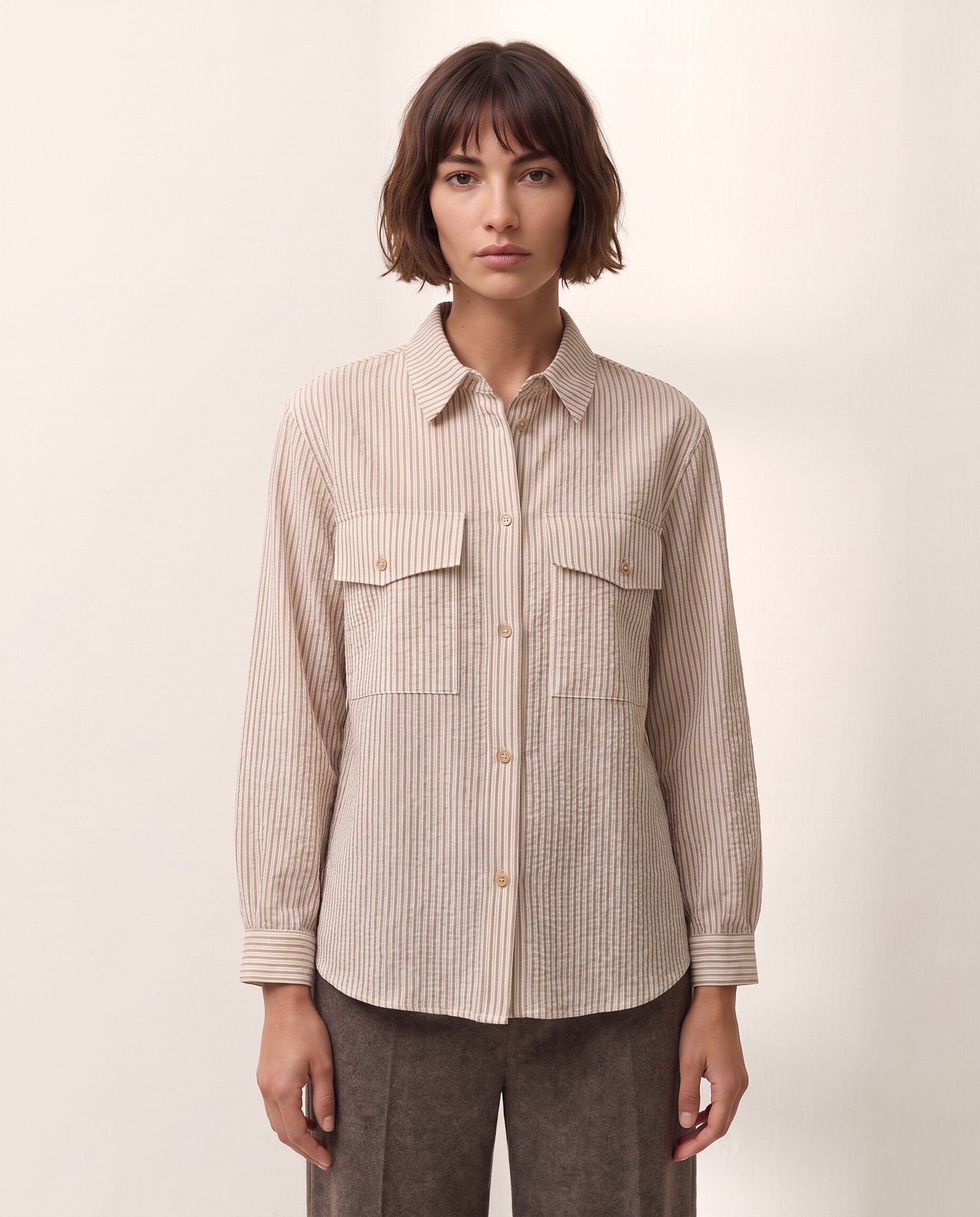 Imagen 1 de Camisa de mujer estampado rayas manga larga Beige