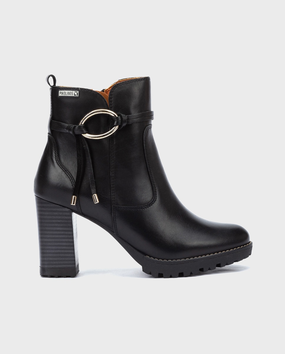 Botines de tacón de mujer de piel con cremallera y tacón bloque - Pikolinos - Negro Negro-1