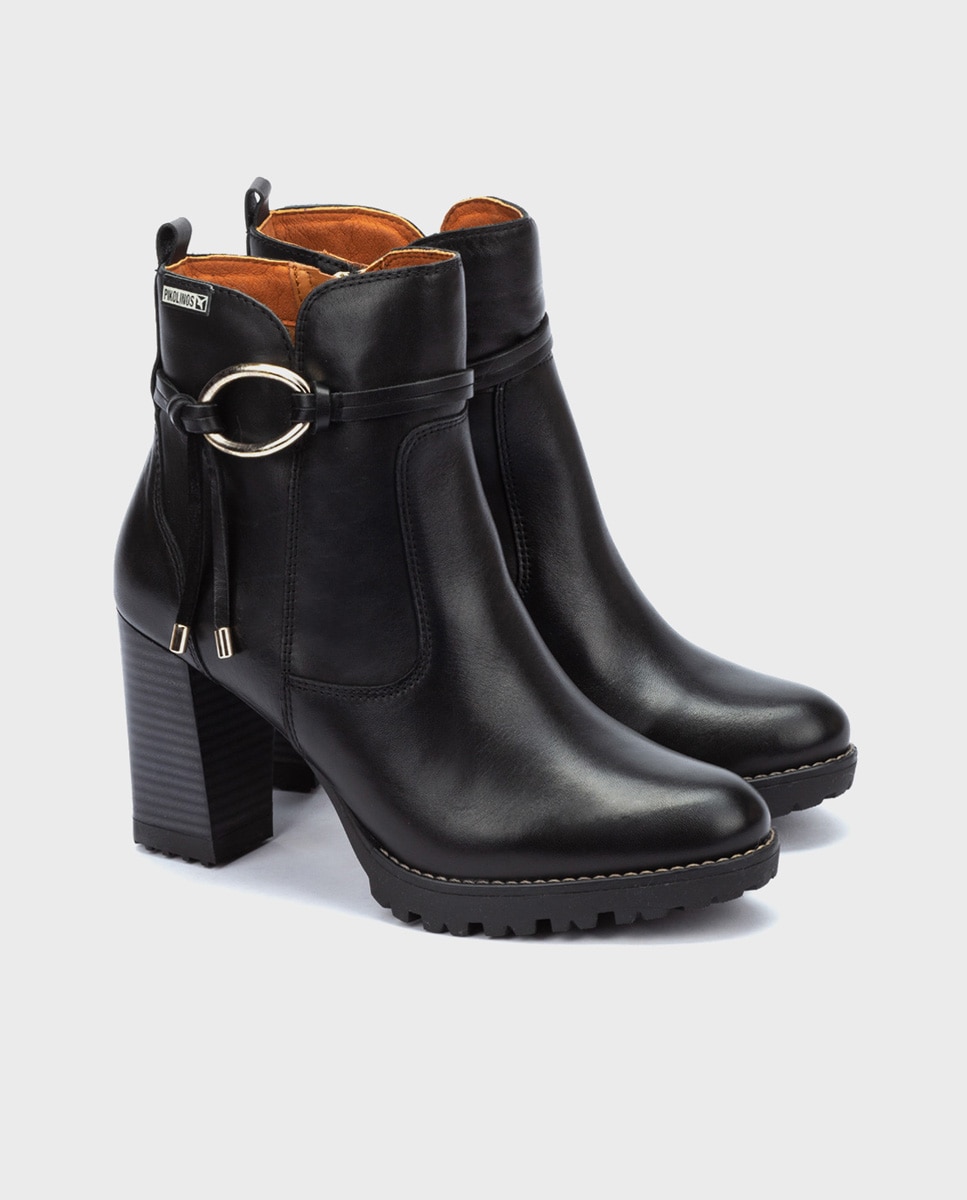 Botines de tacón de mujer de piel con cremallera y tacón bloque - Pikolinos - Negro Negro-2