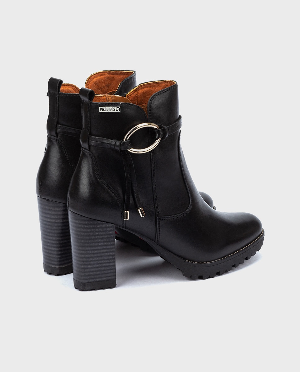 Botines de tacón de mujer de piel con cremallera y tacón bloque - Pikolinos - Negro Negro-3