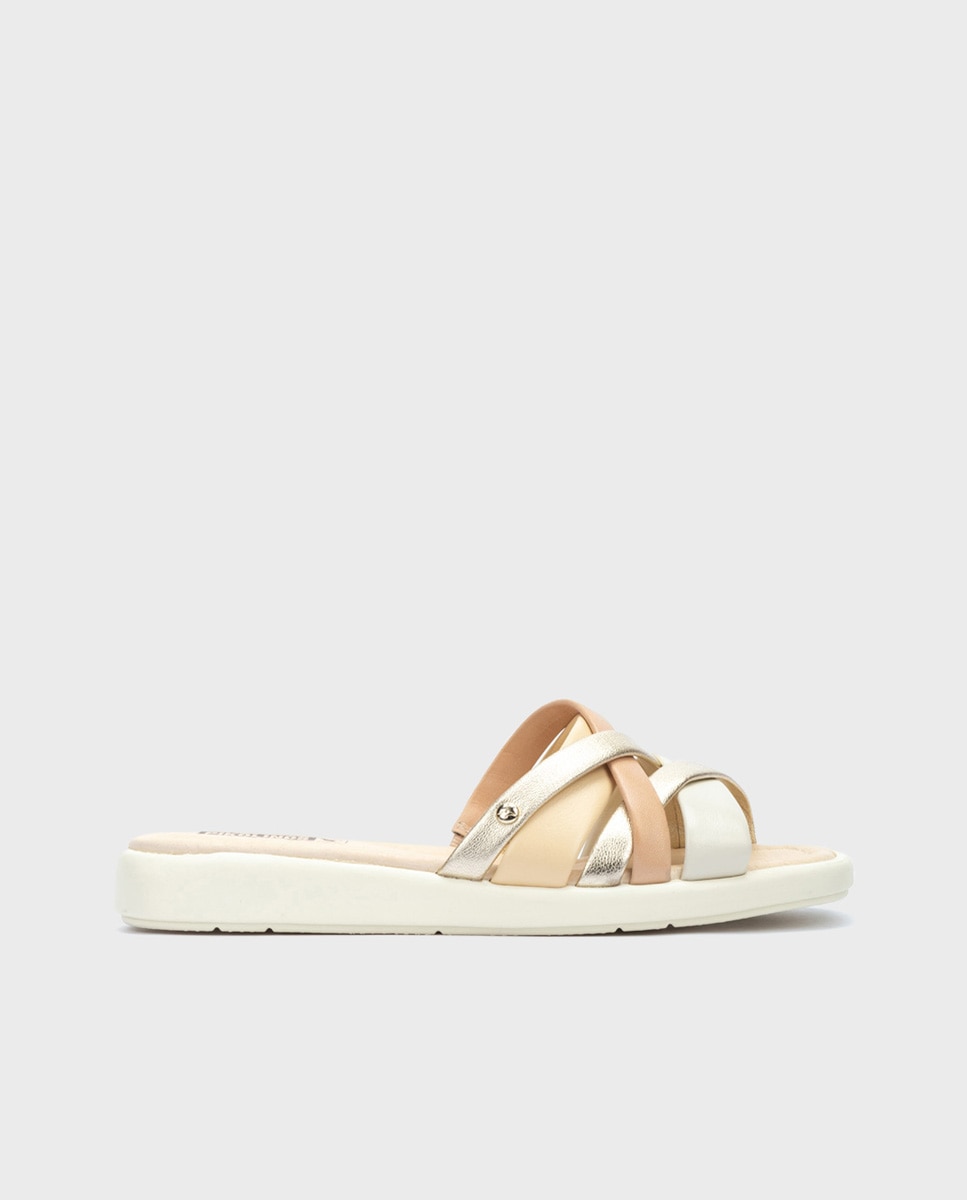Pikolinos - Sandalias planas de mujer de piel con plantilla acolchada en color blanco.