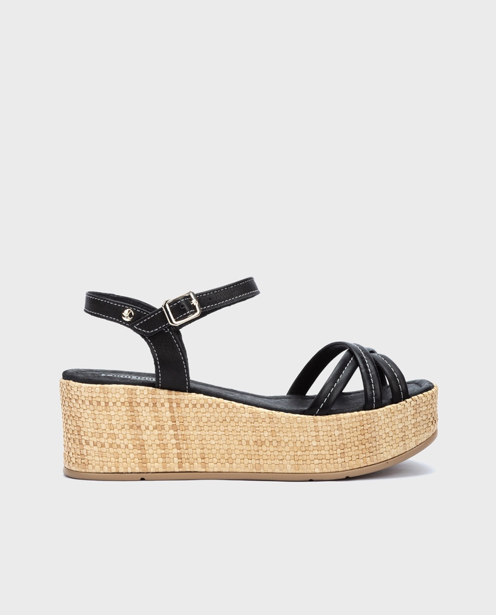 Pikolinos - Sandalias de cuña de mujer de piel con cierre de hebilla.