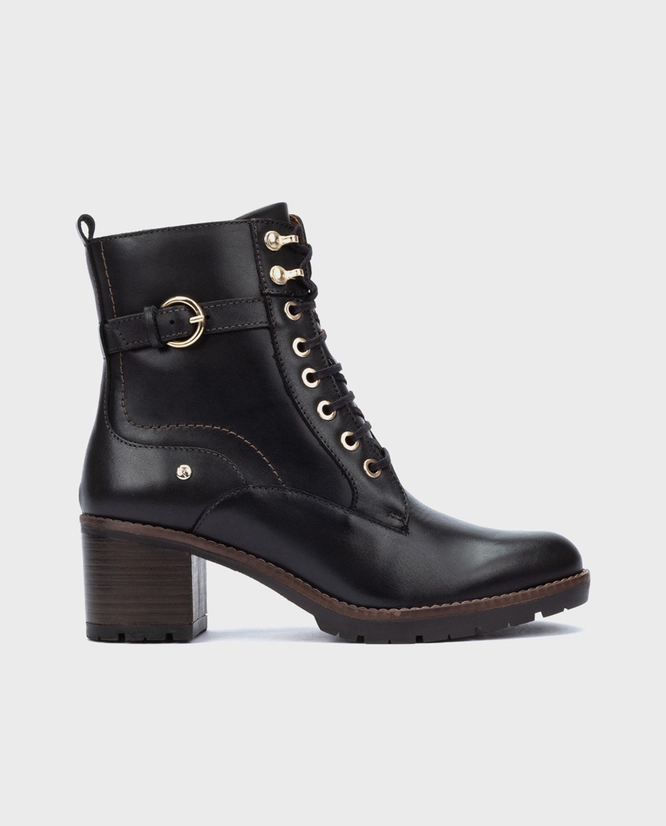 Botines de tacón de mujer de piel con cordones y cremallera lateral - Pikolinos - Negro Negro-1