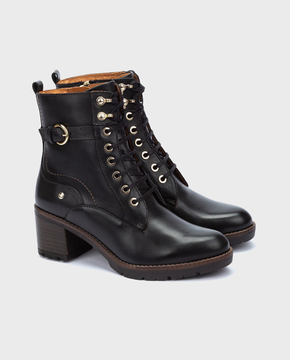 Botines de tacón de mujer de piel con cordones y cremallera lateral - Pikolinos - Negro Negro-2