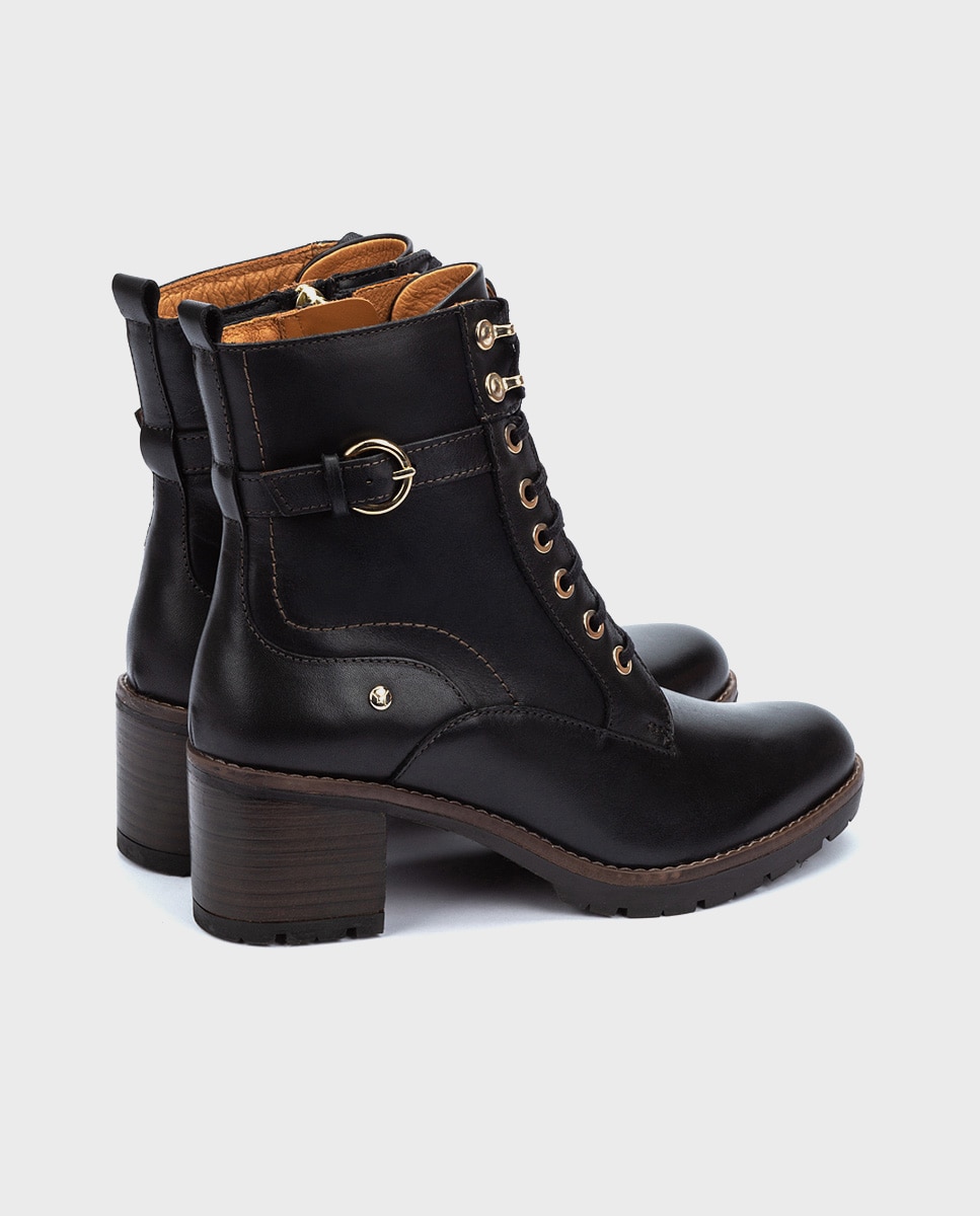 Botines de tacón de mujer de piel con cordones y cremallera lateral - Pikolinos - Negro Negro-3