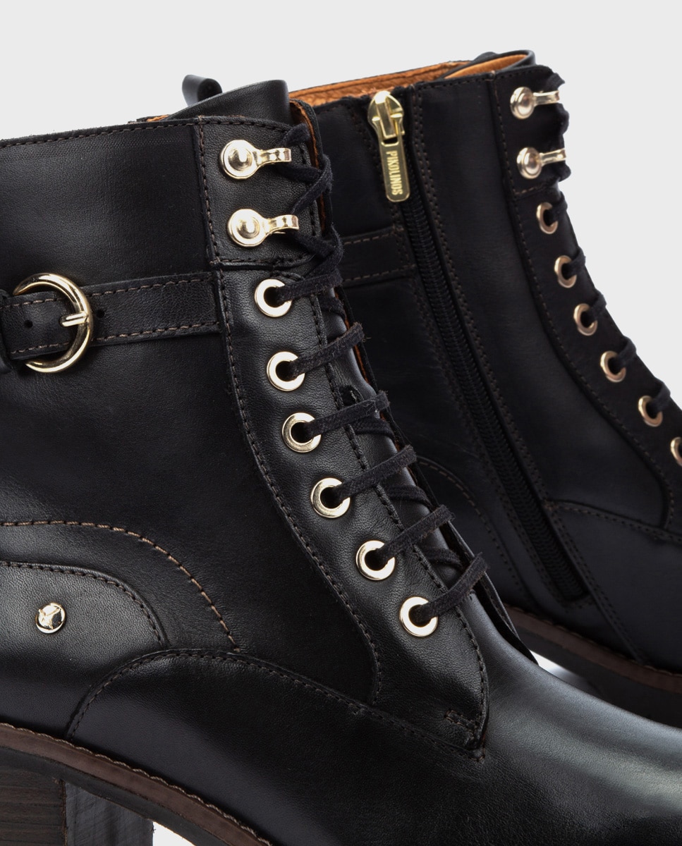 Botines de tacón de mujer de piel con cordones y cremallera lateral - Pikolinos - Negro Negro-4