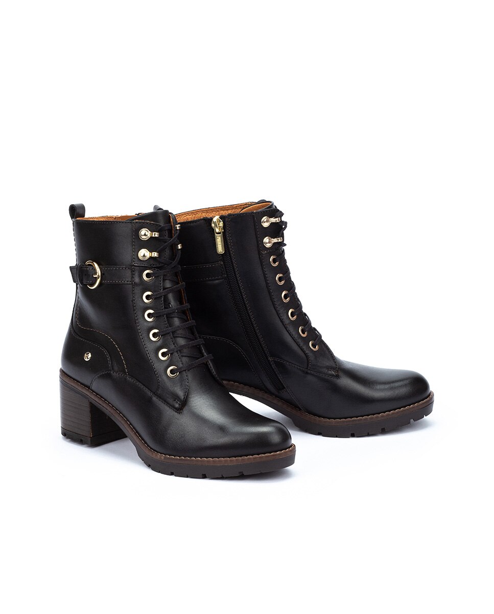 Botines de tacón de mujer de piel con cordones y cremallera lateral - Pikolinos - Negro Negro-5