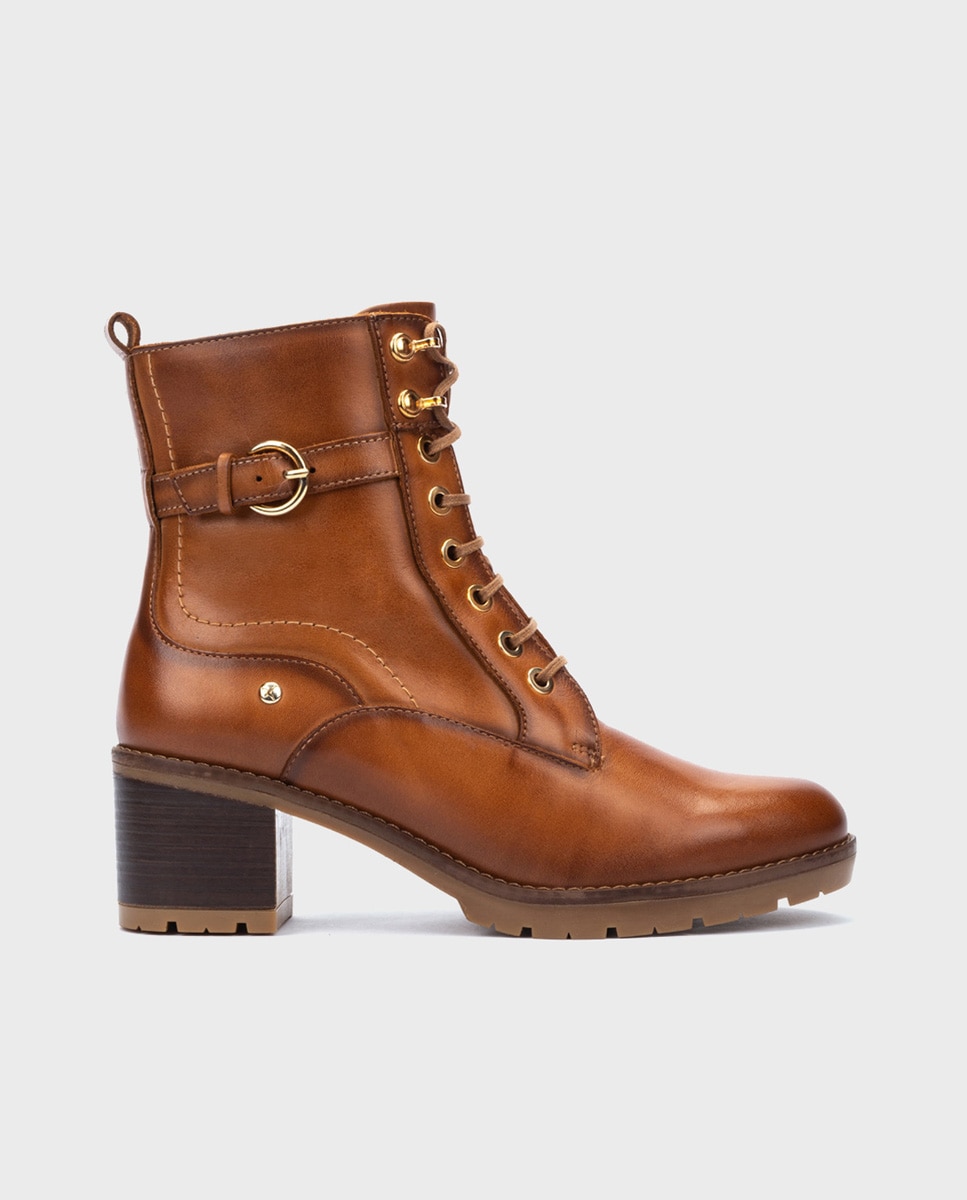 Botines de tacón de mujer de piel con cordones y cremallera lateral - Pikolinos - Marrón Marrón-1