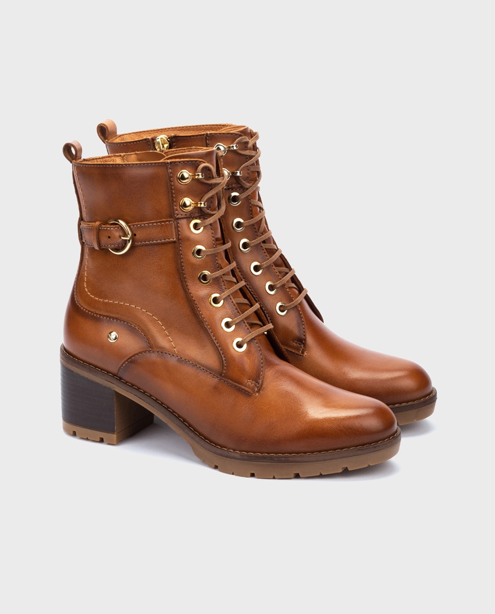 Botines de tacón de mujer de piel con cordones y cremallera lateral - Pikolinos - Marrón Marrón-2