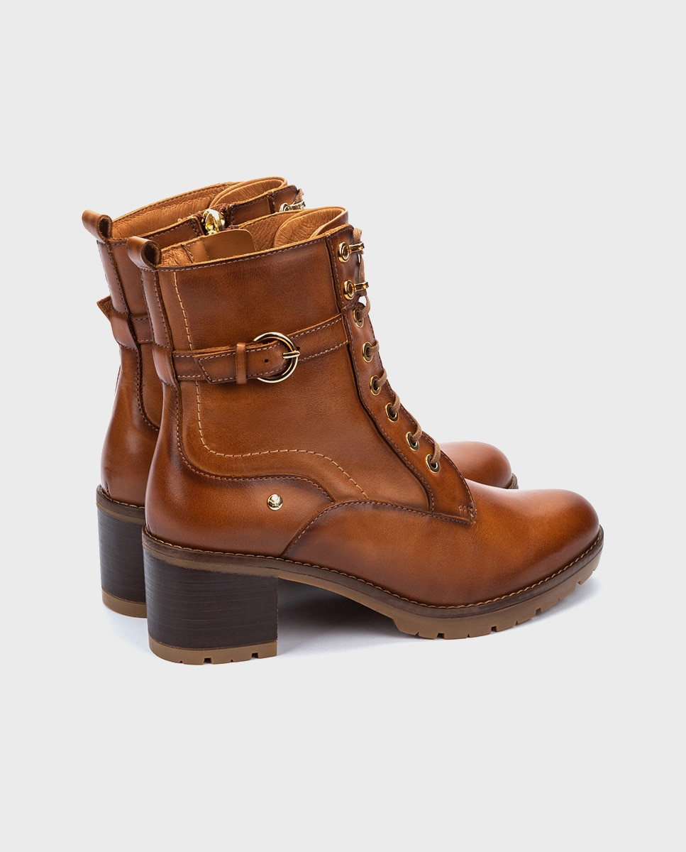 Botines de tacón de mujer de piel con cordones y cremallera lateral - Pikolinos - Marrón Marrón-3