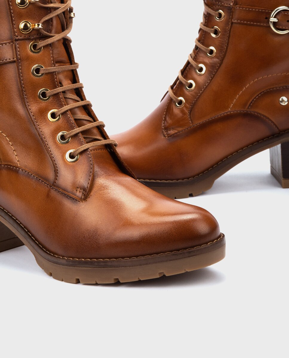 Botines de tacón de mujer de piel con cordones y cremallera lateral - Pikolinos - Marrón Marrón-4