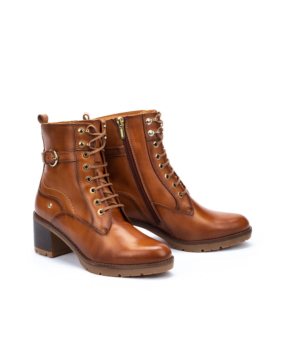 Botines de tacón de mujer de piel con cordones y cremallera lateral - Pikolinos - Marrón Marrón-5