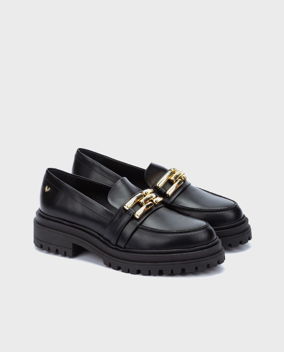 Mocasines de mujer de piel adorno de hebilla dorada en color - Martinelli - Negro Negro-2