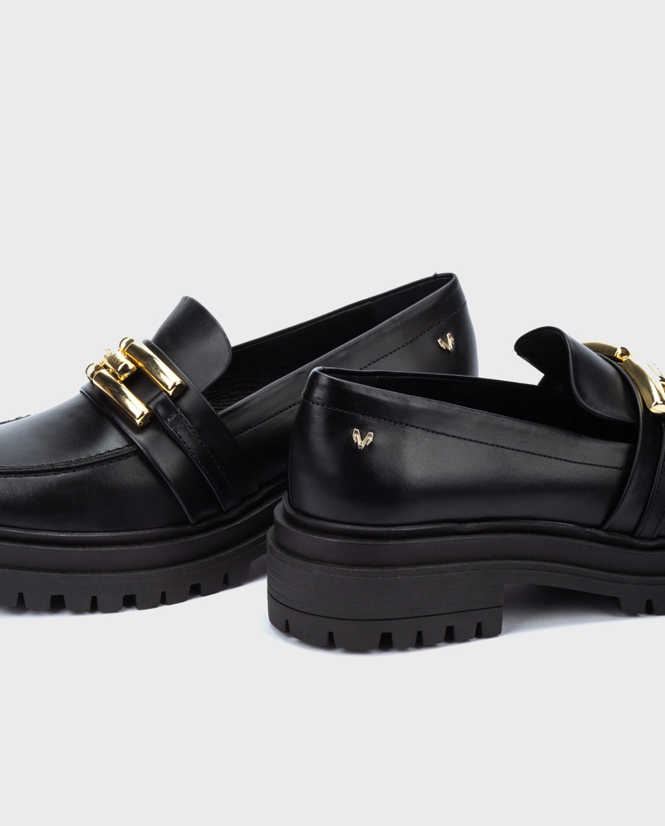 Mocasines de mujer de piel adorno de hebilla dorada en color - Martinelli - Negro Negro-4