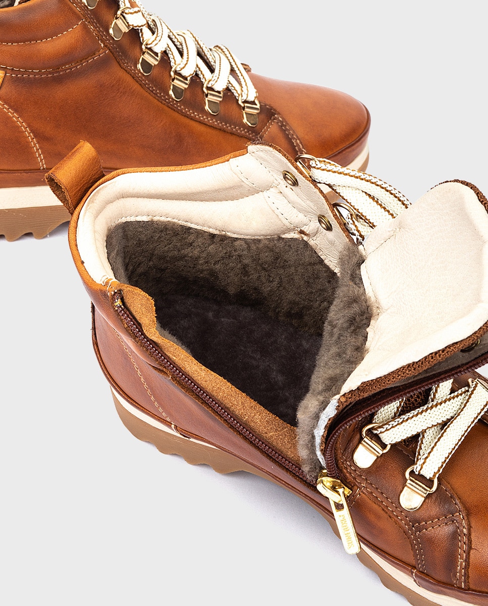 Zapatillas abotinadas de mujer de piel con cordones y forro de pelo - Pikolinos - Marrón Marrón-4