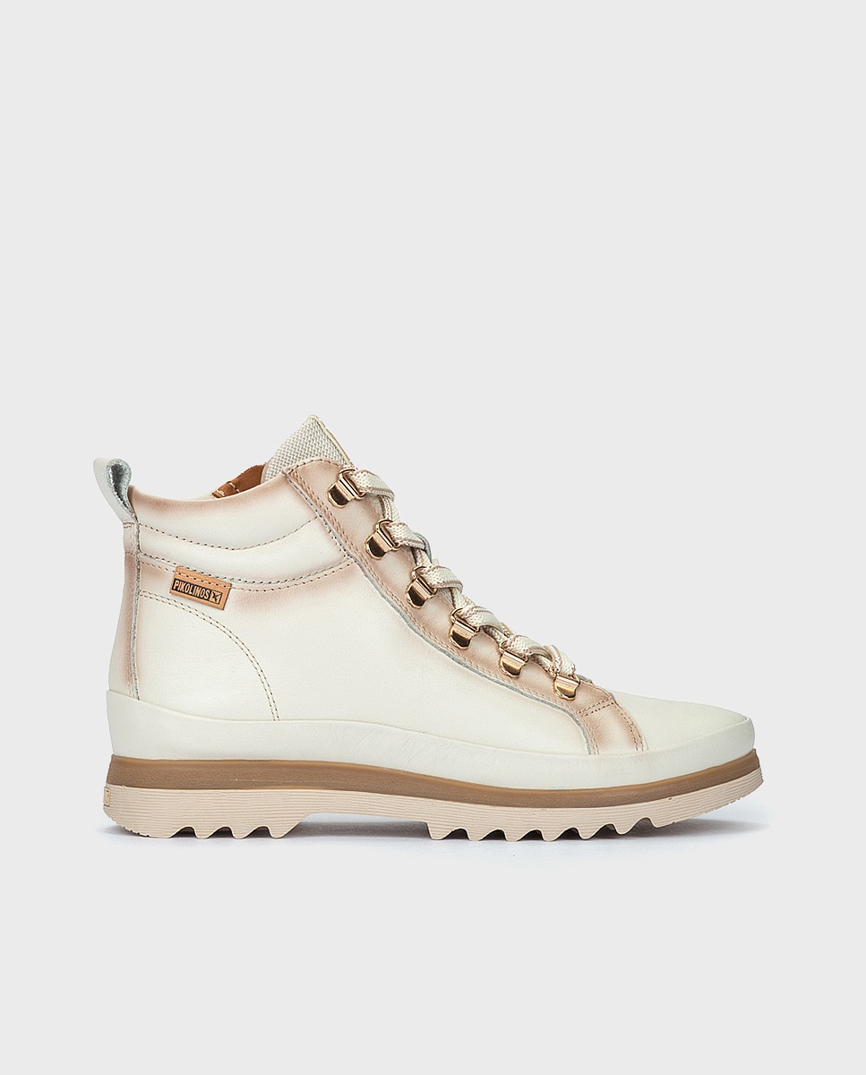 Zapatillas abotinadas de mujer de piel con cordones y forro de pelo - Pikolinos - Blanco Blanco-1