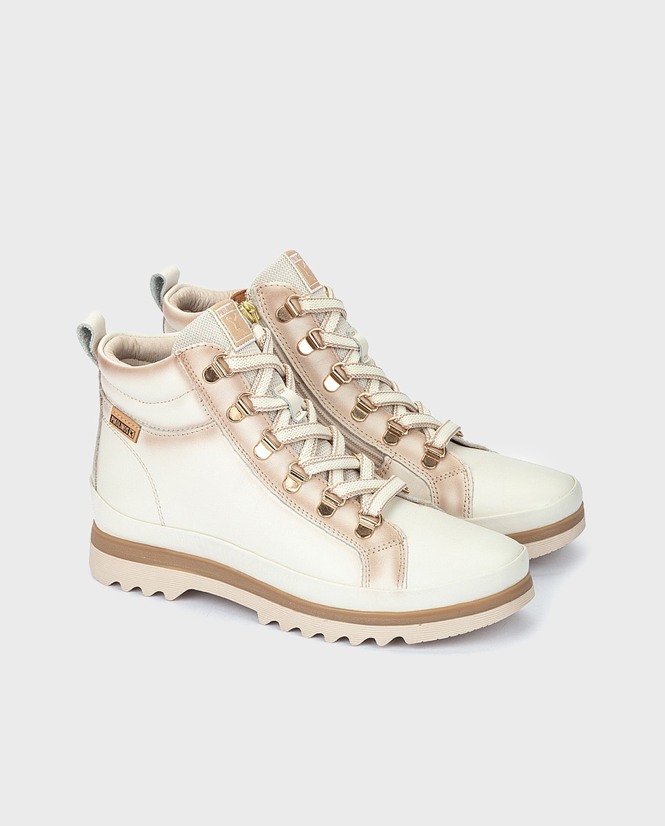 Zapatillas abotinadas de mujer de piel con cordones y forro de pelo - Pikolinos - Blanco Blanco-3
