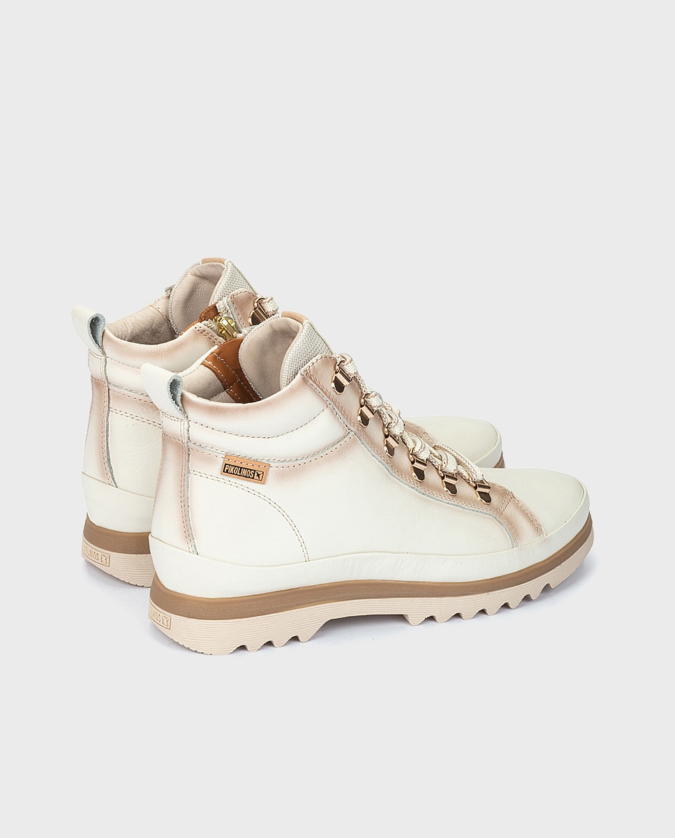 Zapatillas abotinadas de mujer de piel con cordones y forro de pelo - Pikolinos - Blanco Blanco-4