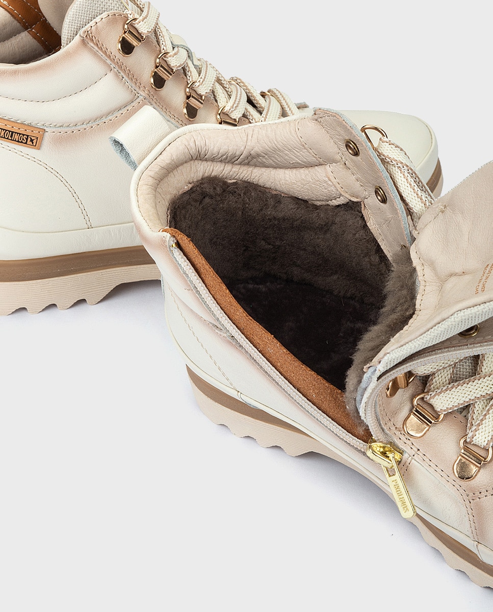 Zapatillas abotinadas de mujer de piel con cordones y forro de pelo - Pikolinos - Blanco Blanco-2
