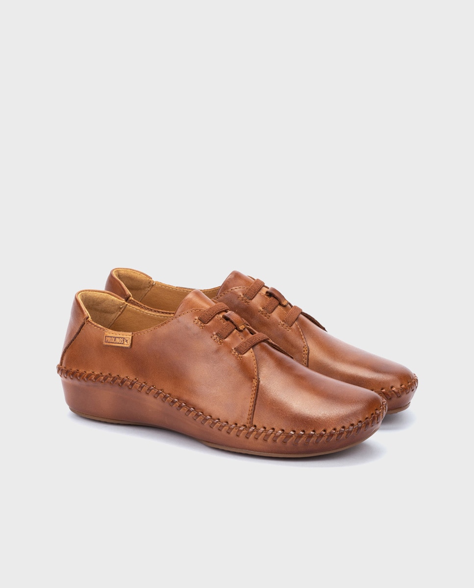 Mocasines de mujer de piel con cordones elásticos - Pikolinos - Marrón Marrón-3