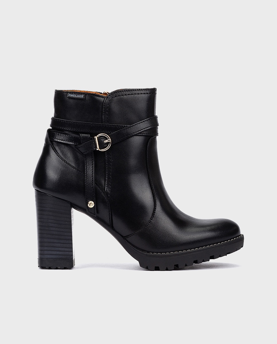 Botines de tacón de mujer de piel con cremallera y adorno de hebilla - Pikolinos - Negro Negro-1