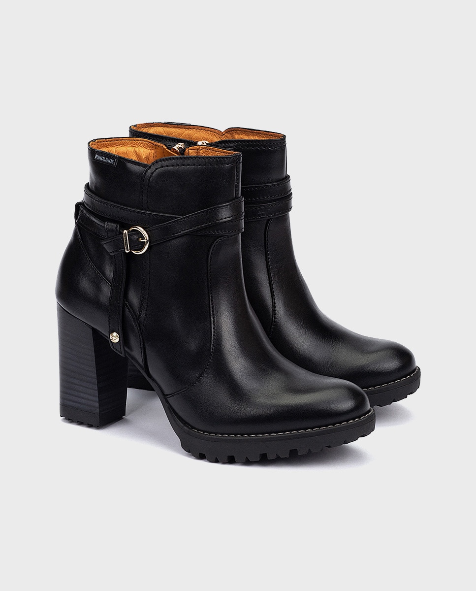 Botines de tacón de mujer de piel con cremallera y adorno de hebilla - Pikolinos - Negro Negro-3