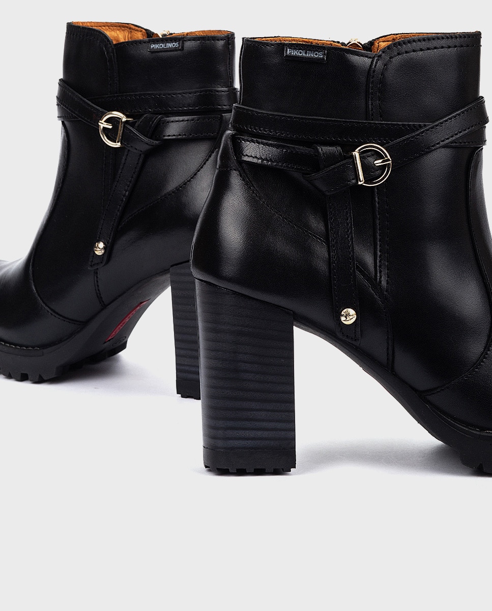 Botines de tacón de mujer de piel con cremallera y adorno de hebilla - Pikolinos - Negro Negro-4