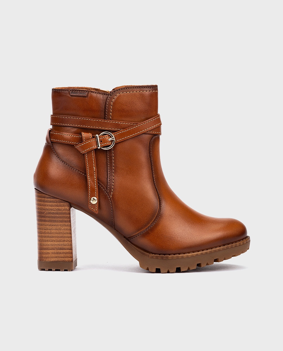 Botines de tacón de mujer de piel con cremallera y adorno de hebilla - Pikolinos - Marrón Marrón-1