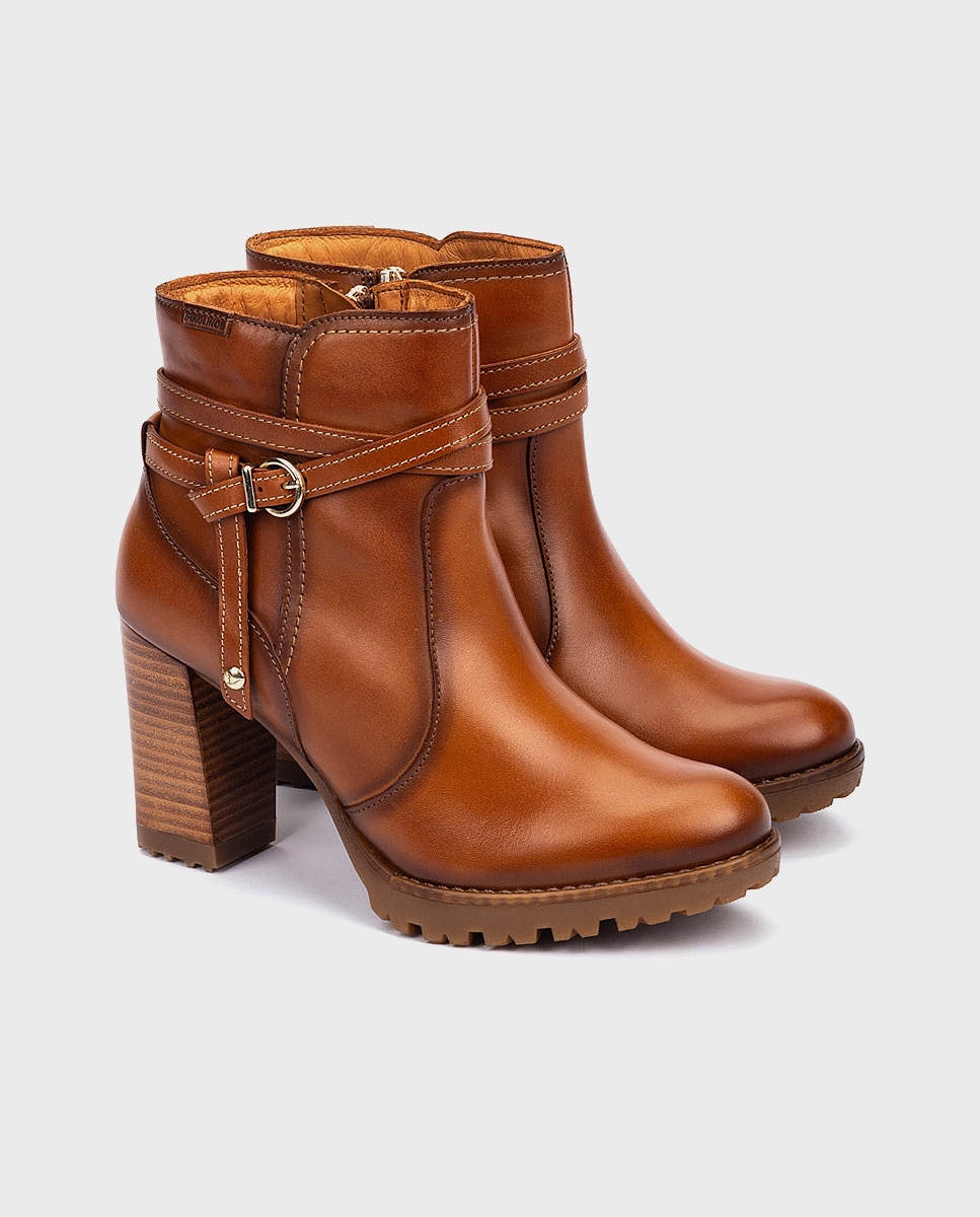 Botines de tacón de mujer de piel con cremallera y adorno de hebilla - Pikolinos - Marrón Marrón-3