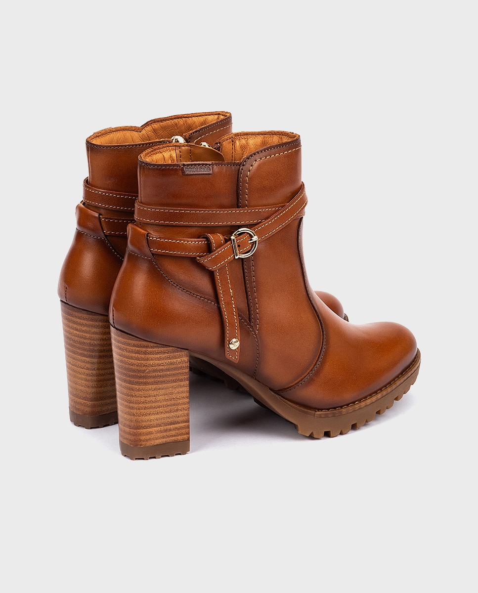 Botines de tacón de mujer de piel con cremallera y adorno de hebilla - Pikolinos - Marrón Marrón-2