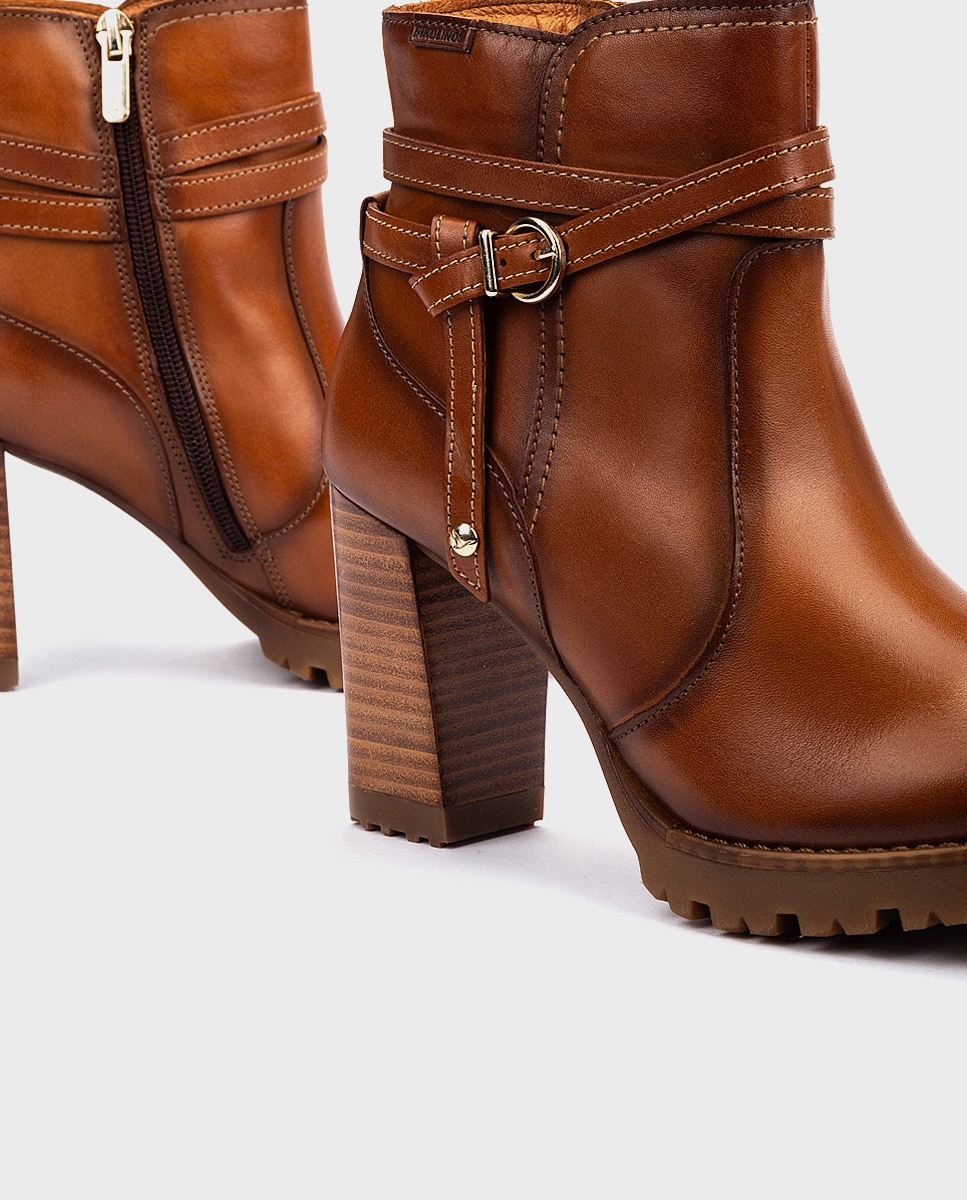 Botines de tacón de mujer de piel con cremallera y adorno de hebilla - Pikolinos - Marrón Marrón-4