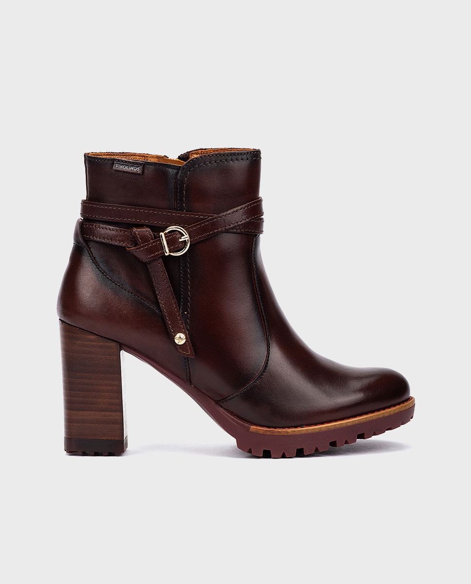 Botines de tacón de mujer de piel con cremallera y adorno de hebilla - Pikolinos - Marrón oscuro Marrón oscuro-1