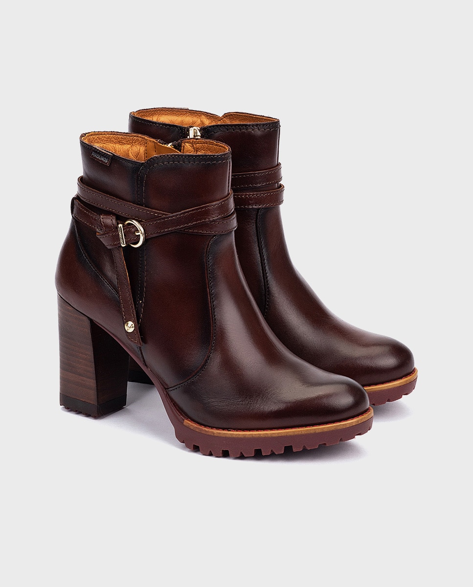 Botines de tacón de mujer de piel con cremallera y adorno de hebilla - Pikolinos - Marrón oscuro Marrón oscuro-3