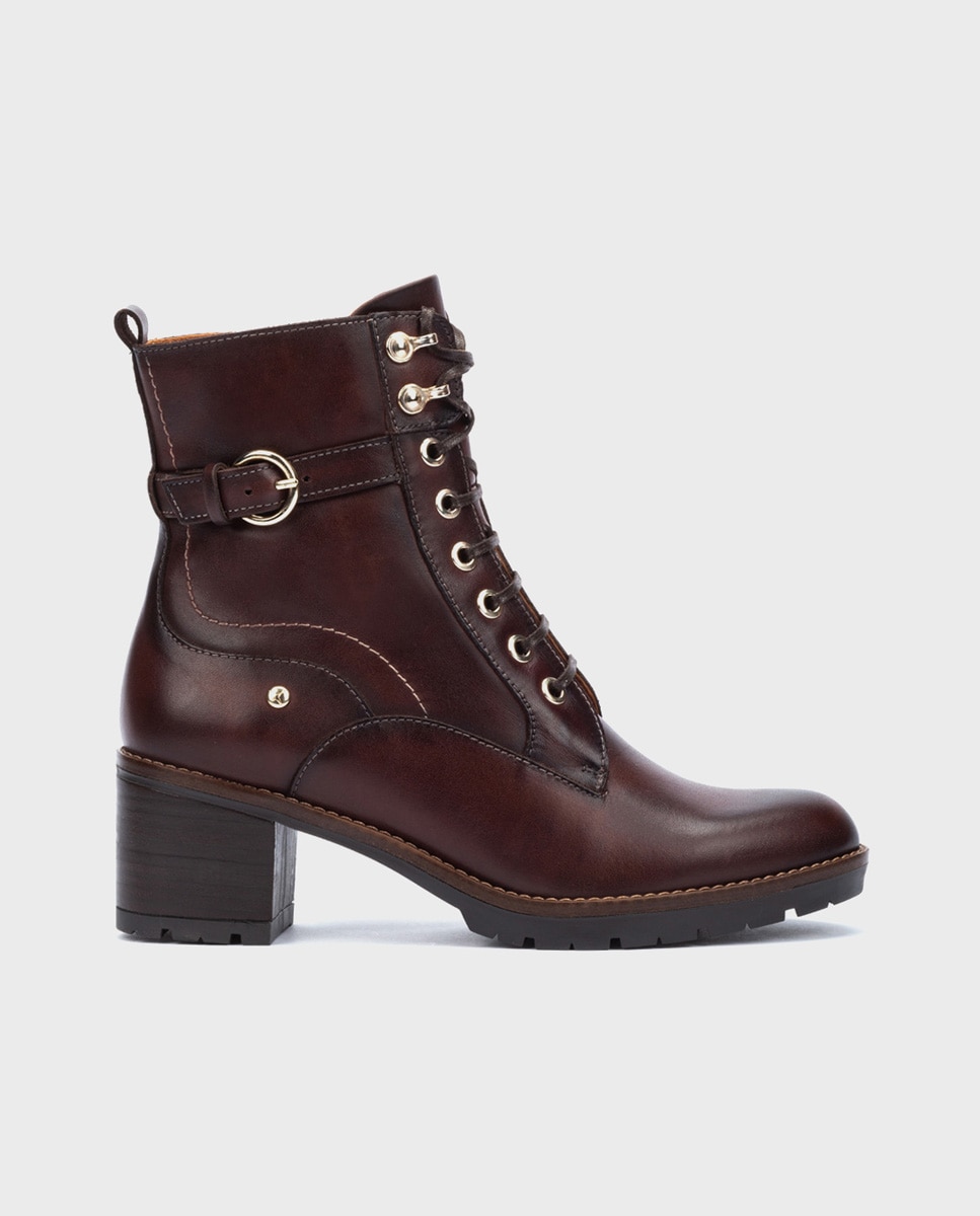 Botines de tacón de mujer de piel con cordones y cremallera lateral - Pikolinos - Marrón oscuro Marrón oscuro-1