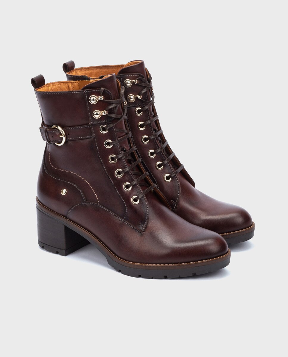 Botines de tacón de mujer de piel con cordones y cremallera lateral - Pikolinos - Marrón oscuro Marrón oscuro-2
