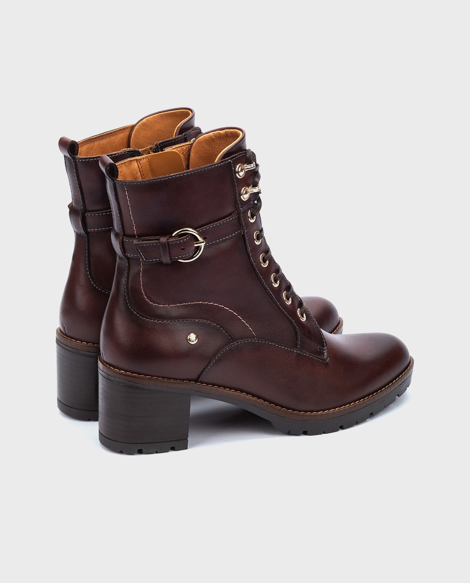 Botines de tacón de mujer de piel con cordones y cremallera lateral - Pikolinos - Marrón oscuro Marrón oscuro-3