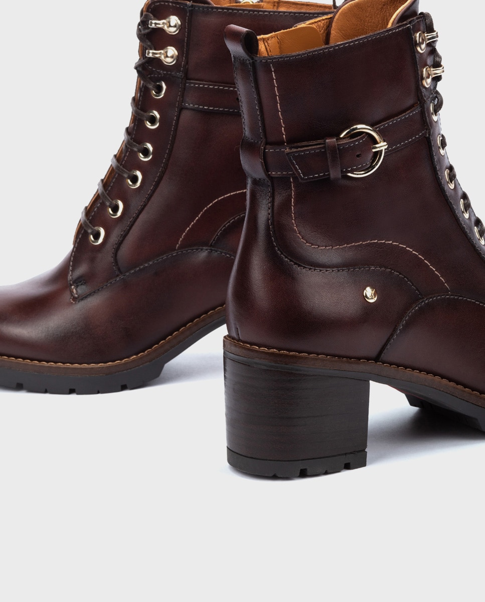 Botines de tacón de mujer de piel con cordones y cremallera lateral - Pikolinos - Marrón oscuro Marrón oscuro-4