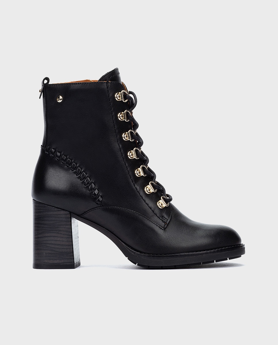 Botines de tacón de mujer de piel con cordones y cremallera - Pikolinos - Negro Negro-1