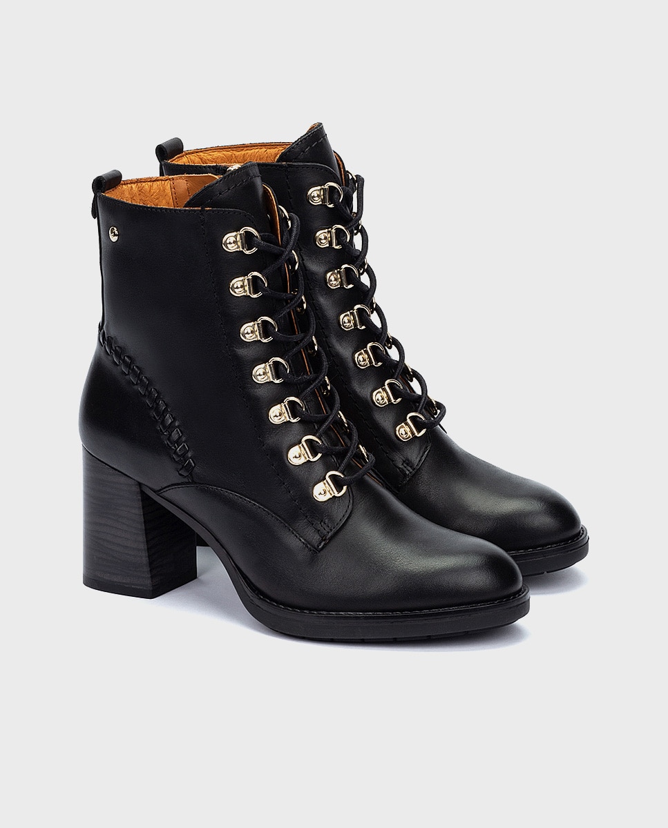 Botines de tacón de mujer de piel con cordones y cremallera - Pikolinos - Negro Negro-3