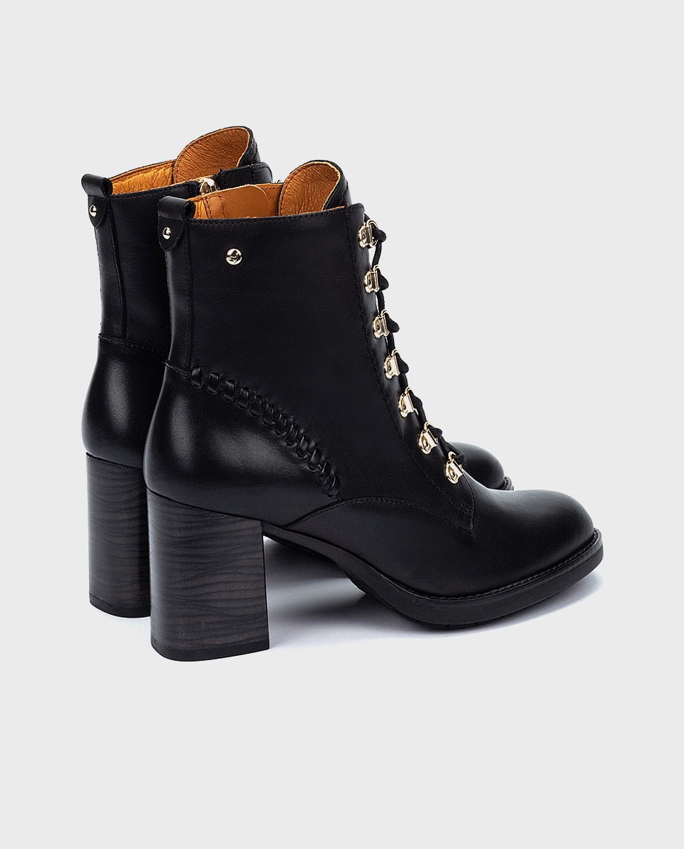 Botines de tacón de mujer de piel con cordones y cremallera - Pikolinos - Negro Negro-2